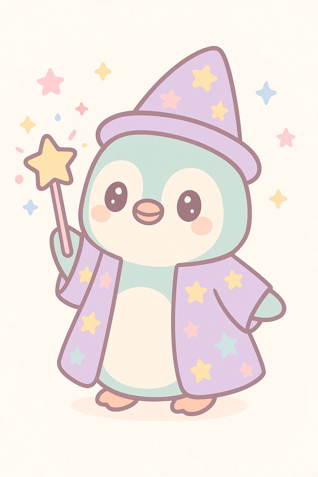 a cute penguin wizard casting a spell, wearing a starry robe and holding a wand emoji