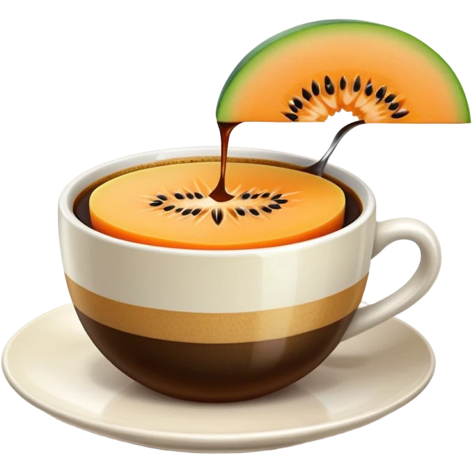 carajillo in a small espresso coffee cup with a slice of cantaloupe melon on the side emoji