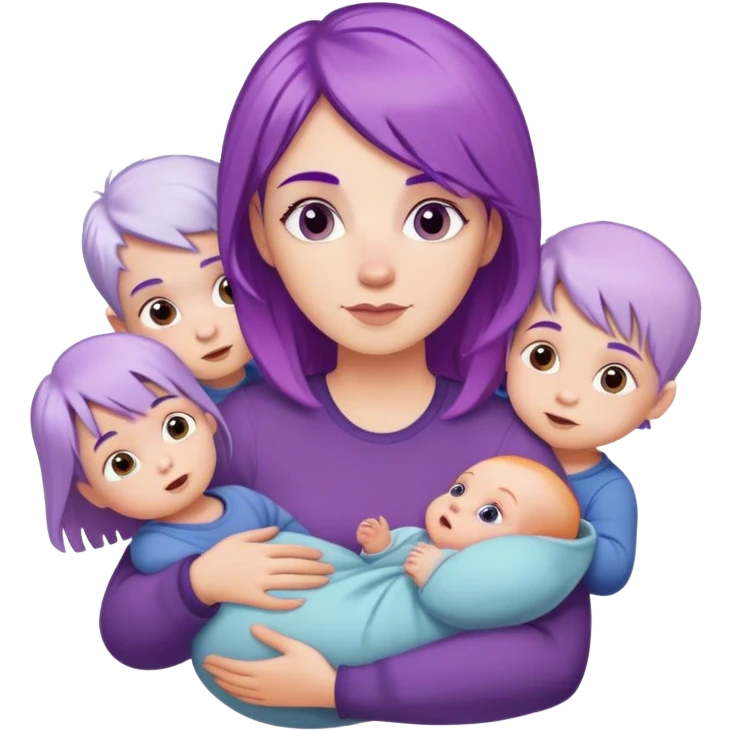 White woman with purple hair holding a baby with other little white kids with normal hair colors around her emoji