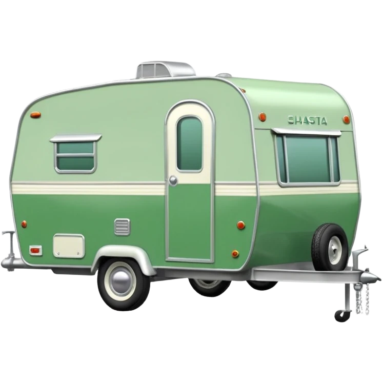 1960s Shasta trailer, single axle wheels, colored all green, the same green shade as movie trailer green preview card, light grey tires and grey hitch emoji