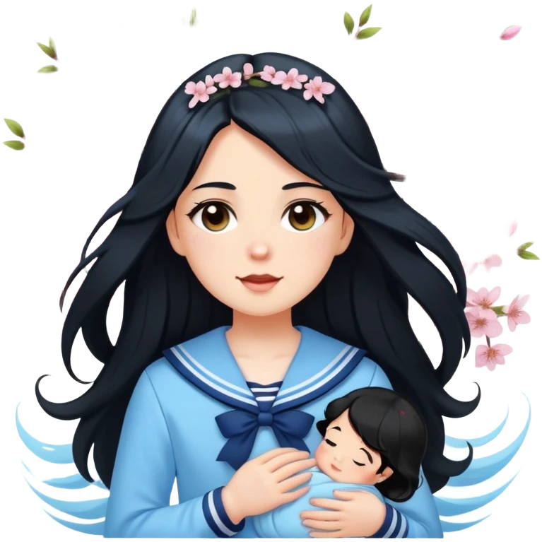  A white girl with a Black long hair, and a baby blue sailor suit, enjoying the spring breeze，Wearing cherry blossoms on your hair emoji