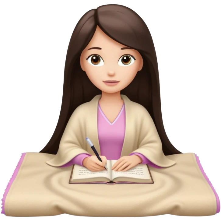 White Barbie girl with a long straight dark brown hair inside a pale beige blanket is writing a book emoji