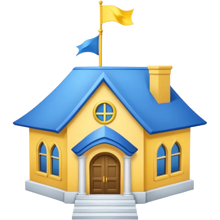 white background, magic school, with a flag, flag on a roof, yellow flag, white maigc school, blue roof emoji