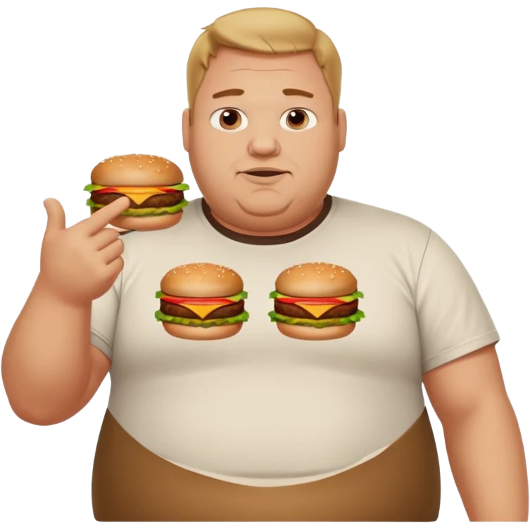 A very fat guy in an Alex Zero T-shirt, holding burgers, giving likes and dislikes, and pointing at KFC. emoji