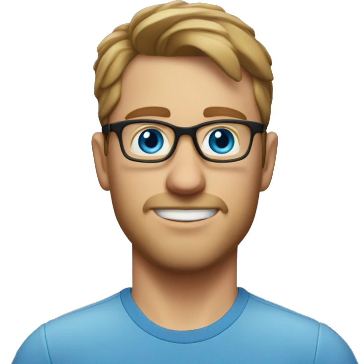 A head and shoulders shot of a 32 year old white man, with short brown hair, with none facial hair,  wearing glasses with blue eyes wearing a t-shirt. emoji
