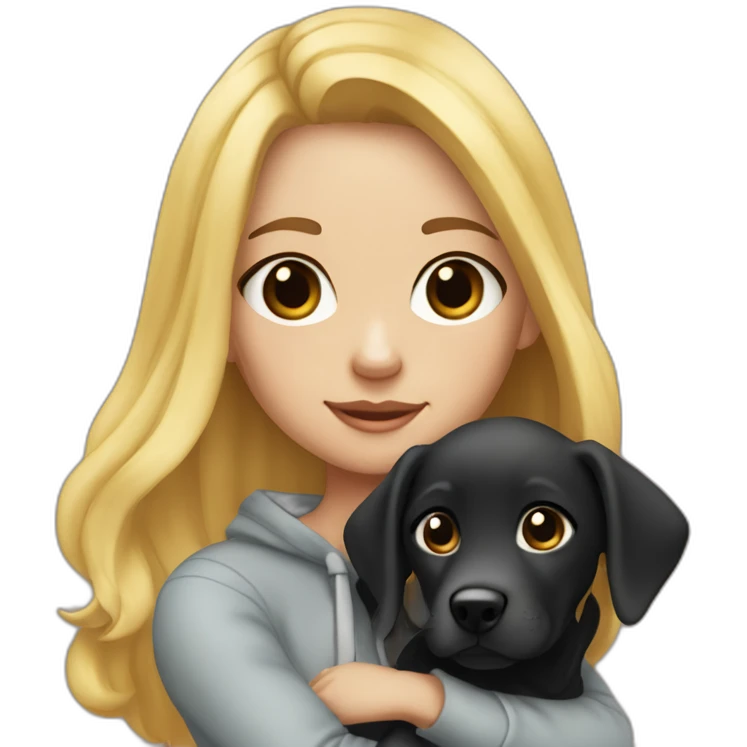 A blonde girl  with smooth hair and a ray in the middle of his hair, she has light skin a few freckles, and she wear a hoodies and she Carries in his arms a black baby labrador dog  emoji