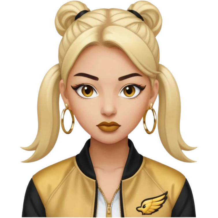 “Emoji girl, fierce confident expression, sharp winged eyeliner, bold brows, matte nude lips, long lashes, sleek high ponytail, wearing gold hoop earrings and sporty streetwear jacket.” emoji