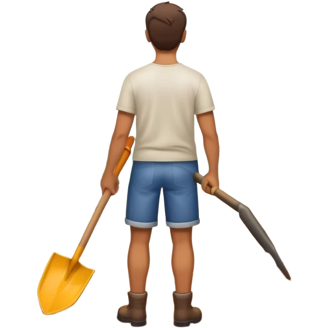 camera facing his back as he is staring at a road with a in air shovel in hand emoji