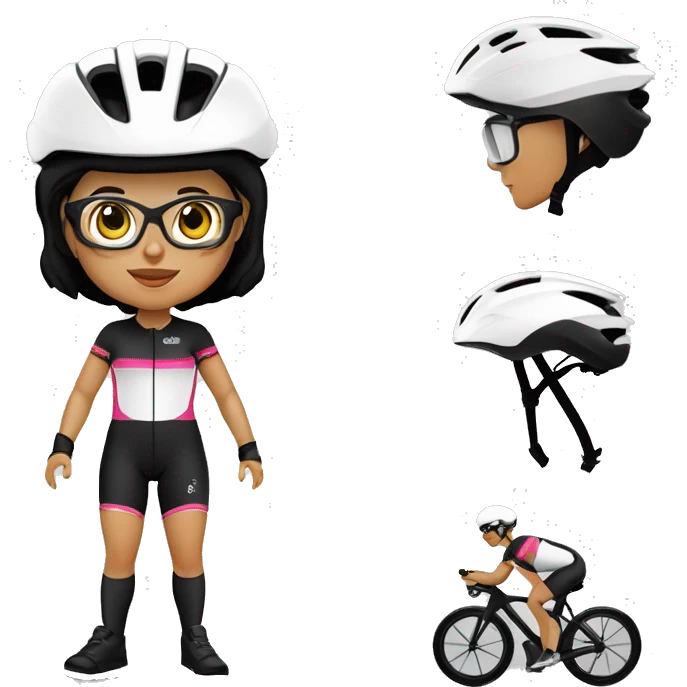 Ciclista MUJER de piel morena clara de contextura delgada estatura alta con zapatillas de ruta blancas licras negras y maillot blanco casco blanco y gafas negras con barba regular emoji