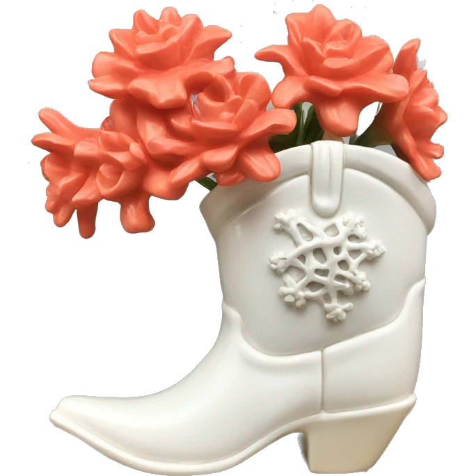 White cowgirl boot vase with coral emoji