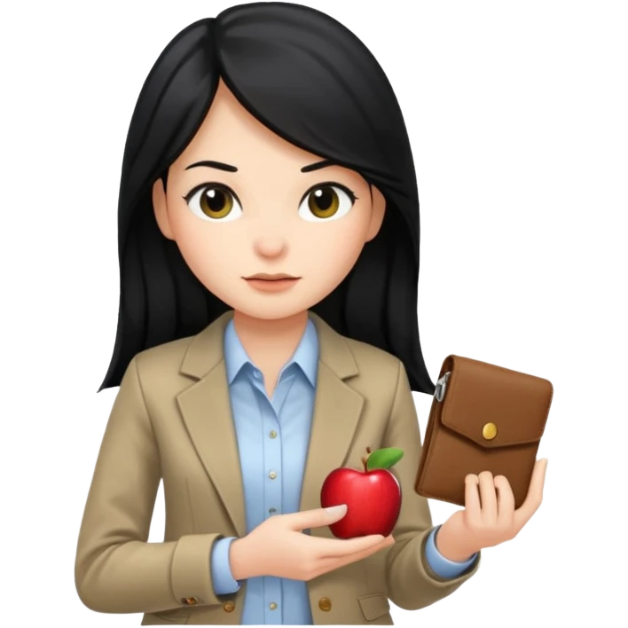 a girl with long black hair, neutral expression, business style clothes (shirt, jacket), holding a wallet, Apple Memoji emoji style emoji