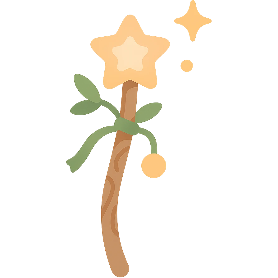 "A cute and magical wand with an elegant, whimsical design, incorporating a color palette of golden orange (FA9B41), forest green (4A7C5C), soft taupe brown (96775A), and pastel peach (FFCC9A). The wand is slender and slightly curved, made of smooth wood with delicate carvings. At the top, there's a glowing gem or star in peachy tones, surrounded by tiny sparkles. Decorative elements like a ribbon, tiny leaves, or a small charm add a cozy, storybook-like charm. The overall look is gentle, enchanting, and magical, perfect for a forest fairy or a kindhearted young wizard." emoji