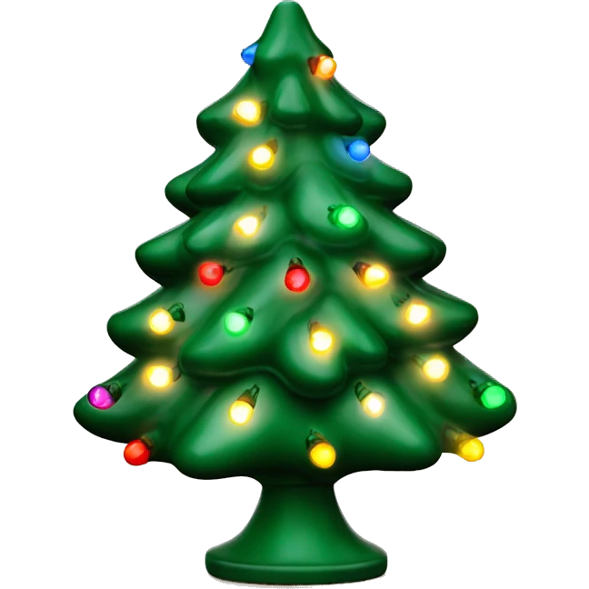 Green vintage ceramic Christmas tree with colored Christmas lights bulbs and snow emoji