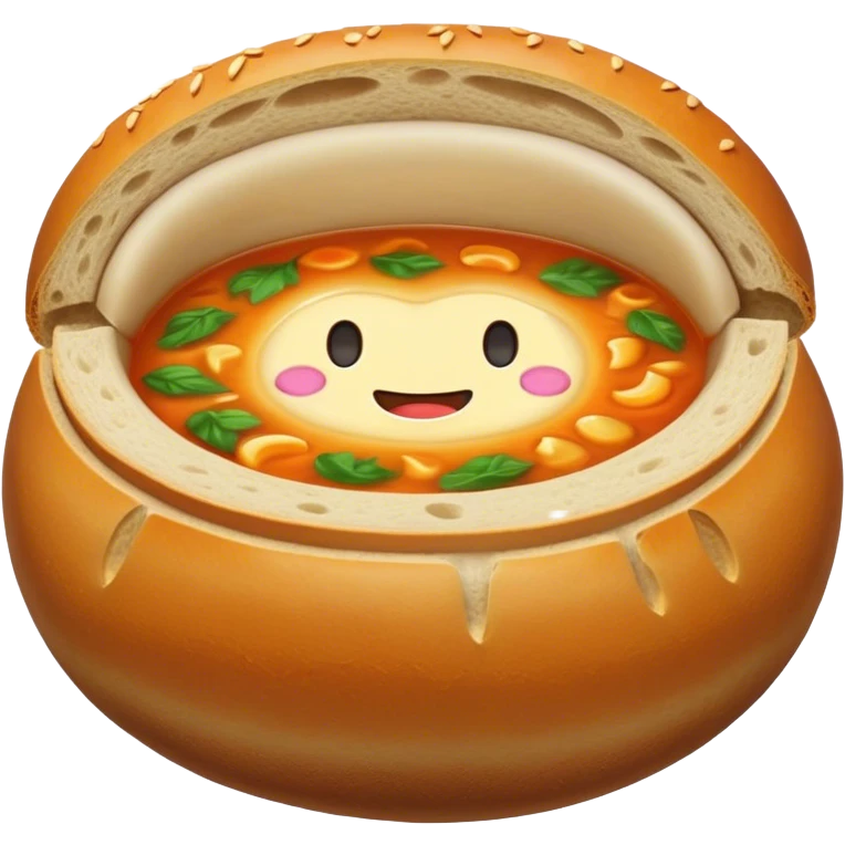 Żurek Cinematic Realistic Żurek Soup Dish Emoji, depicted as a tangy rye soup served inside a hollowed-out round loaf of bread, rendered with rich textures and dynamic, comforting lighting. emoji