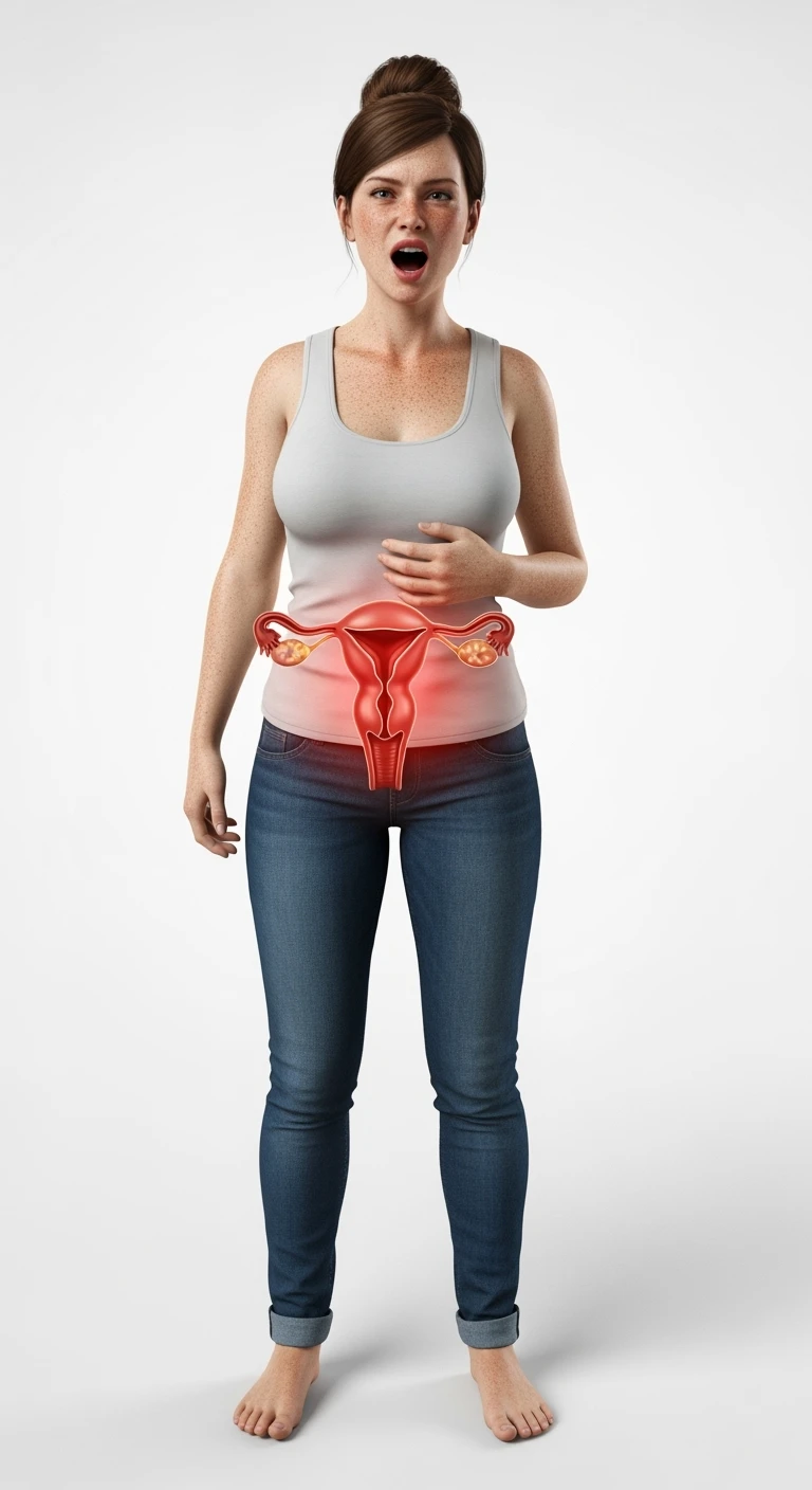 donna a figura intera con utero umano realistico in 3d in evidenza dolorante, espressione di dolore in volto, sfondo bianco, non farla computerizzata, ma iperrealistica 4k emoji