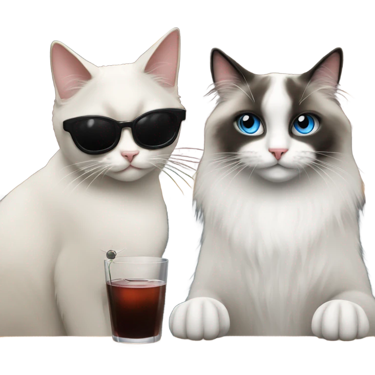 Ragdoll cat drinking martini at the bar with a black and white cat friend emoji