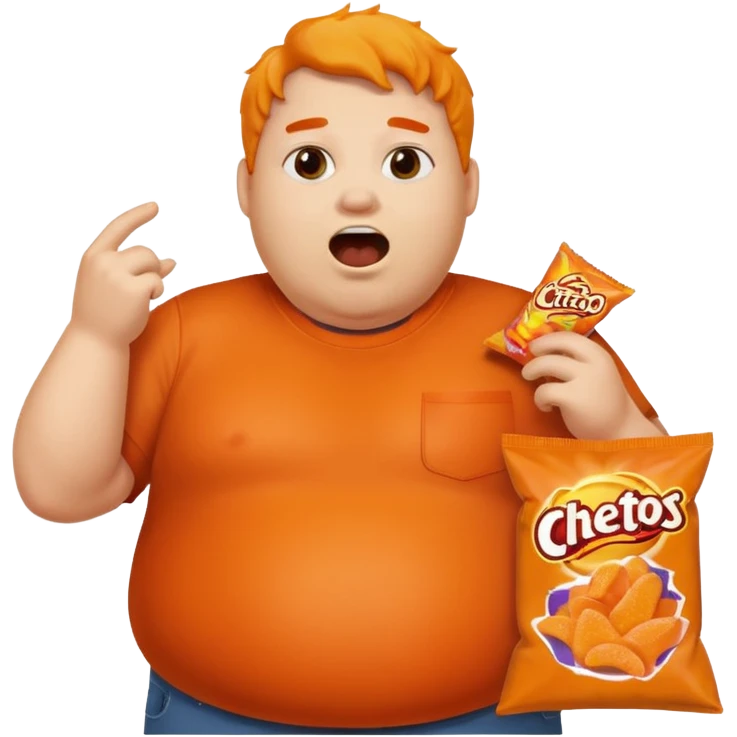 Fat person yelling at screen with Cheeto dust on himself and holding bag of cheetos emoji