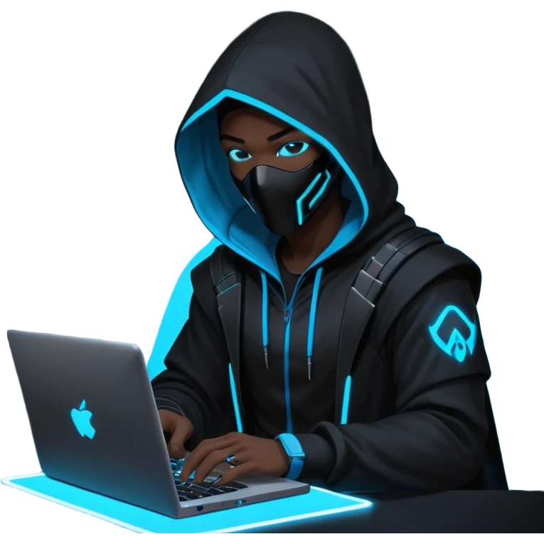 developer behind his laptop with this style : crysis Cyberpunk Valorant neon glowing bright blue character blue black hooded assassin themed character emoji