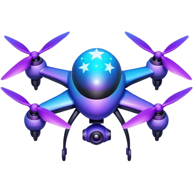 Galaxy drone emoji, with 4 wings cosmic purple blue gradient, glowing stars texture, neon propellers, 3D glossy, futuristic, transparent background. emoji