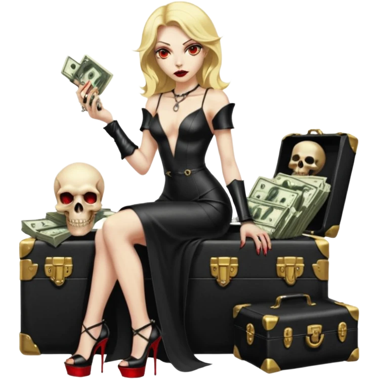 Lilith symbol red eye seductress evil shoulder length blonde haired sexy succubus woman with leather long dress with slit, sitting on a case of gold and cash. Black Platform high heels on feet. Tattoo sleeve arms, seat full of stacks of cash,  dead human skull of her enemies in her other hand emoji