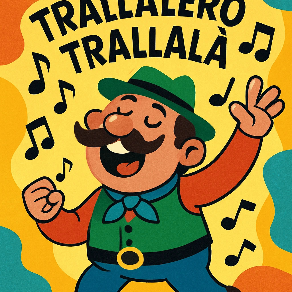 whimsical cartoon character singing 'trallalero trallala' with musical notes and joyful Italian vibe, playful style emoji