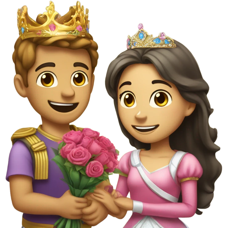 boy on his knees with flowers for a girl in a princess crown emoji