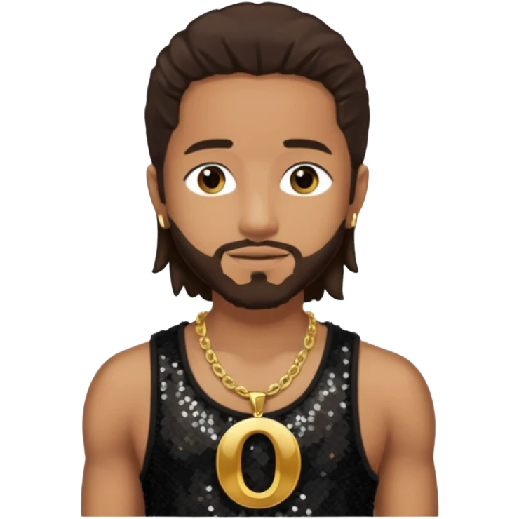 Omarion with long dark brown hair, dark brown sequin tank top, necklace with letter o emoji