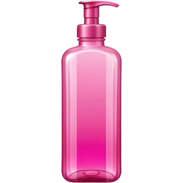 A tall, translucent bottle in a vibrant pink shade with a glossy finish. It has a rectangular shape with rounded edges and a thick base. The pump-style cap is metallic pink. In the center, there are curved graphic elements and vertical lines, with text in white and gold. emoji