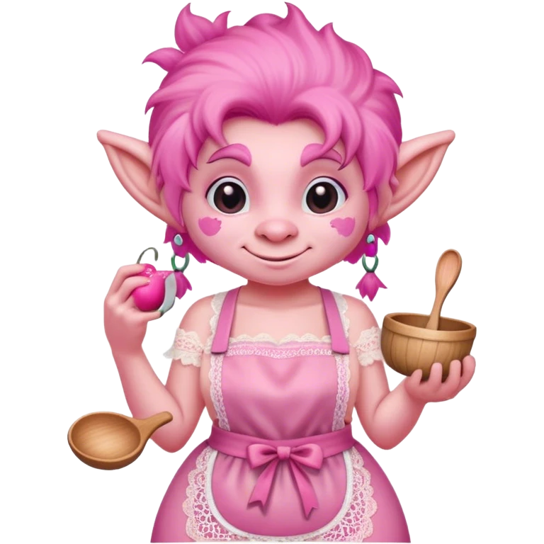 Troll avec un tablier rose en dentelle coquette emoji