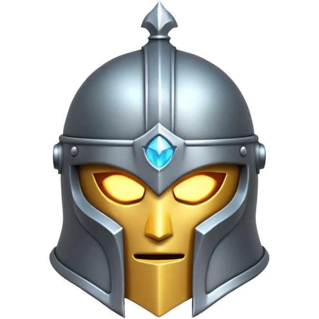 Clash of Clans aesthetic: Cinematic Playful 3D Isometric steel helm Emoji, rendered in a 3D vector-style similar to standard emojis with minimal shading and bold, simplified shapes. A compact, distinct form with signature details, softly glowing with a fantasy RPG magic charm. Simplified yet unmistakably iconic, highly detailed and consistent, glowing with a soft radiance and high shine. Stylized with a touch of heroic grandeur and a soft glowing outline, capturing the essence of a beloved gaming relic with a friendly, playful manner! emoji