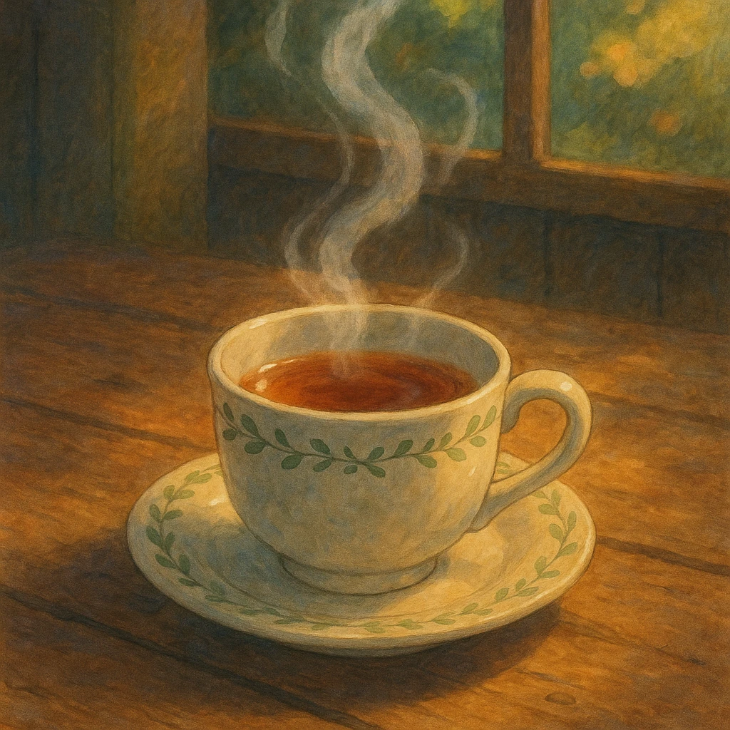 steaming cup of tea on a wooden table, soft painterly look, magical and cozy atmosphere, Ghibli style emoji