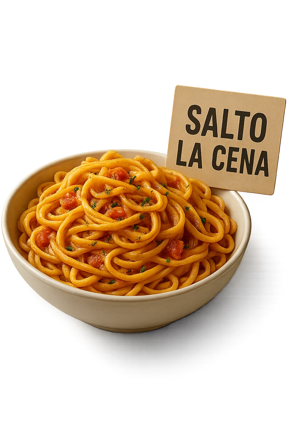 BOWL DI PASTA CON CARTELLO CON LA SCRITTA "SALTO LA CENA",  iperrealistico 4k emoji