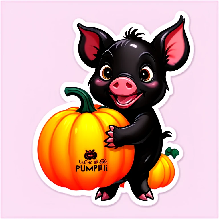 A black piglet holding 4 pumpkins with “luck x 4” written on it. emoji