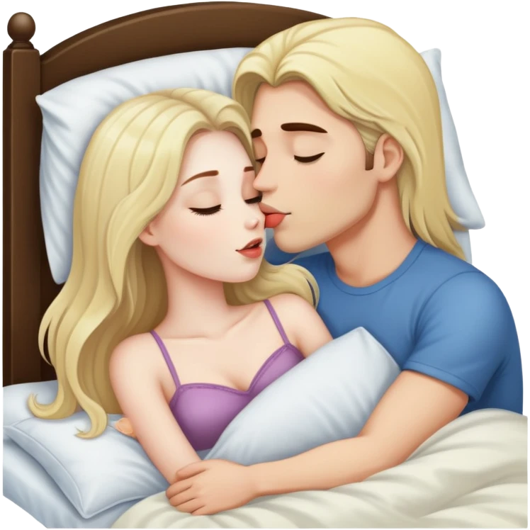 girl with long dark brown hair and pale skin kissing a blonde man in bed emoji