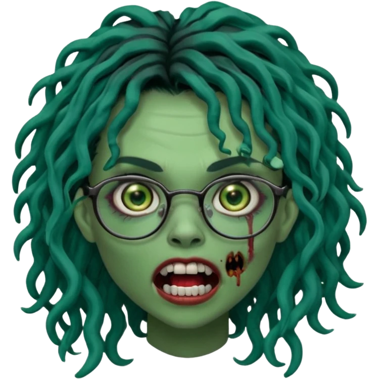 One female green-skinned, zombie super pretty with glasses, with ombre black roots & dark teal long locks and a side bang of her locs that fall over the right eye and a sinister expression with the mouth open, teeth showing, and the jaw uneven. with a small wound near its mouth. Make her locks curly emoji
