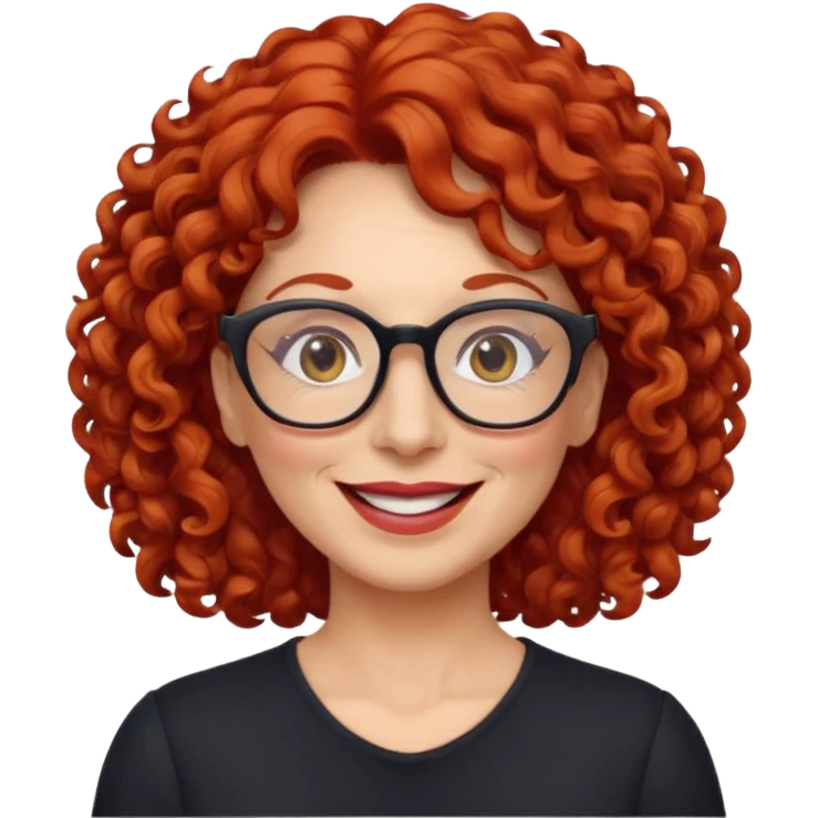 woman in her 50s, curly red hair, wearing glasses, cheerful look, emoji style emoji