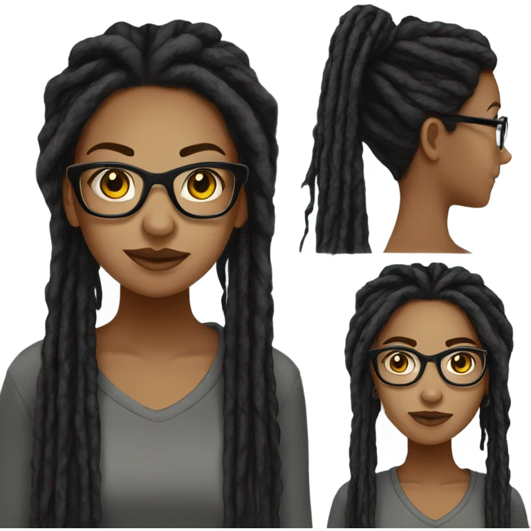 Tan girl with glasses, black colored thin eyes,  black dread locs hairstyle with an industrial ear piercing emoji