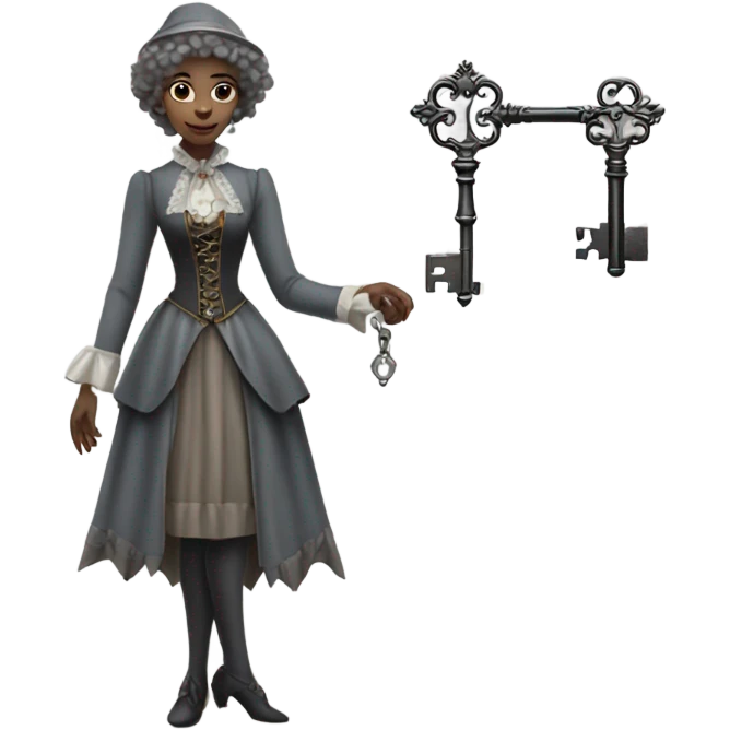 gray elf woman login holding a big key in victorian dress, full body emoji