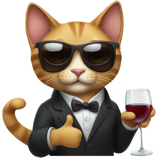 cat wearing sunglasses drinking a glass of wine and giving a thumbs up emoji