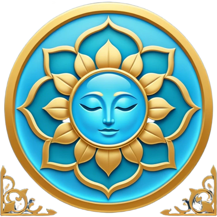 Un libro book dorado y azul celeste con detalles esmeralda, bordes luminosos y un símbolo de círculo zen, loto en la portada, irradiando presencia, tranquilidad y despertar espiritual. portada de libro emoji
