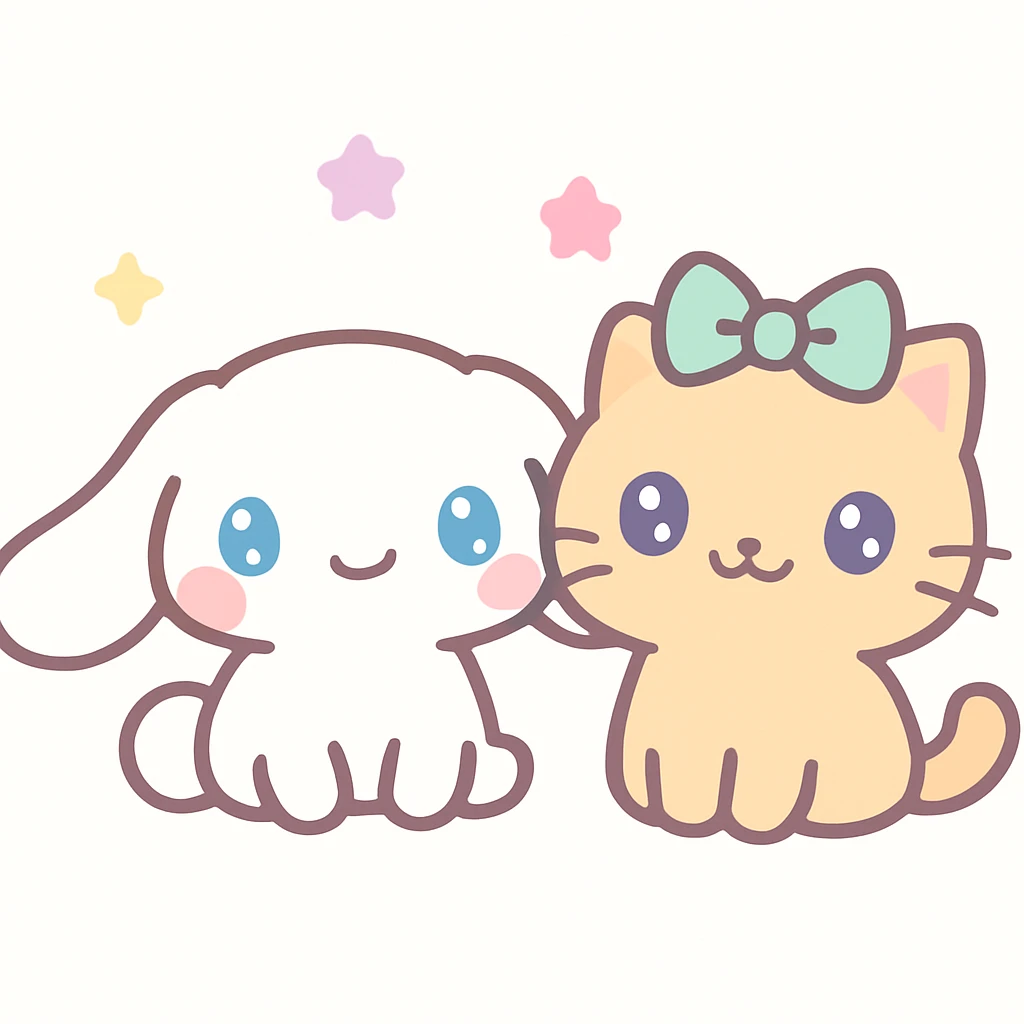 Cinnamoroll and a cat sitting side by side, pastel colors, kawaii style, cheerful expression emoji