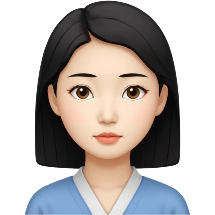 Korean woman, East Asian features,
female human avatar,
front face icon style,
large head, minimal neck,
neutral expression, calm mood,
simple black hair,
flat illustration style,
clean background emoji