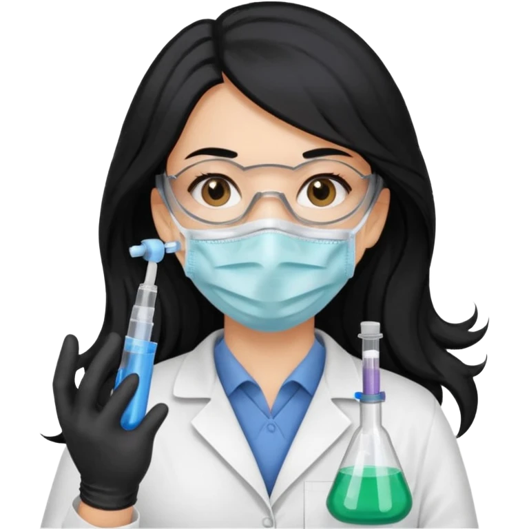 medica con guantes  y mascarilla e insumos laboratorio  jeringa tubos  pelo negro largo triguella emoji