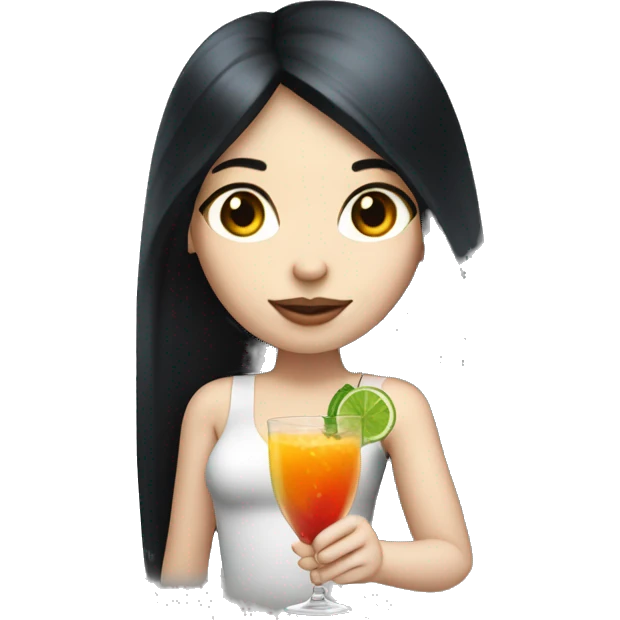Pale girl with long black hair with chest holding cocktail emoji
