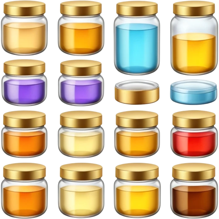 Varios produtos de beleza com tampa dos potes dourados e fundo transparente pra usar como figurinha emoji