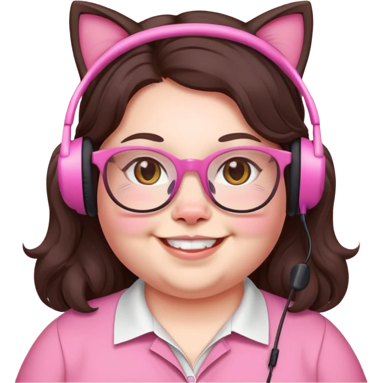 chubby English teacher, smiling, pink cat glasses, long wavy dark brown hair, face only, subtle gamer headset, classroom background, emoji style emoji