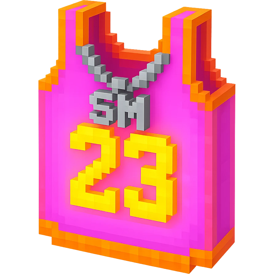 светящейся розовая баскетбольная майка с надписью "23" и серебряная цепь с надписью "SM", no background emoji