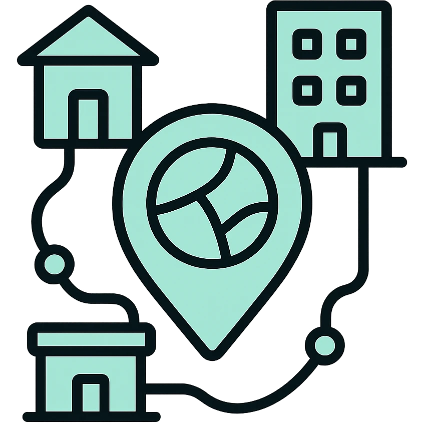 Local community buildings connected by network lines, map pin with districts, fluid dimensional design, techy style, black outlines with mint green #B5F4D3 fills emoji