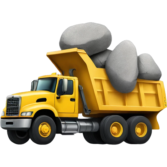 side view of a yellow dump truck hauling big rocks emoji
