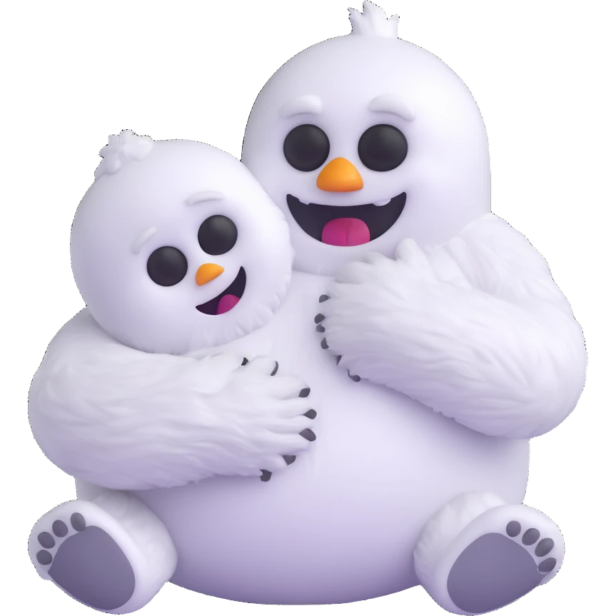 Abominable Snowman hugging a little person, 3D emoji style emoji